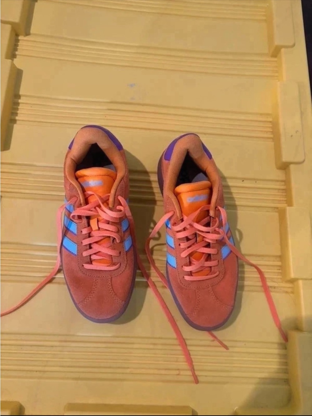adidas Women's Coral Suede Sneakers with Blue Stripes and Purple Trim